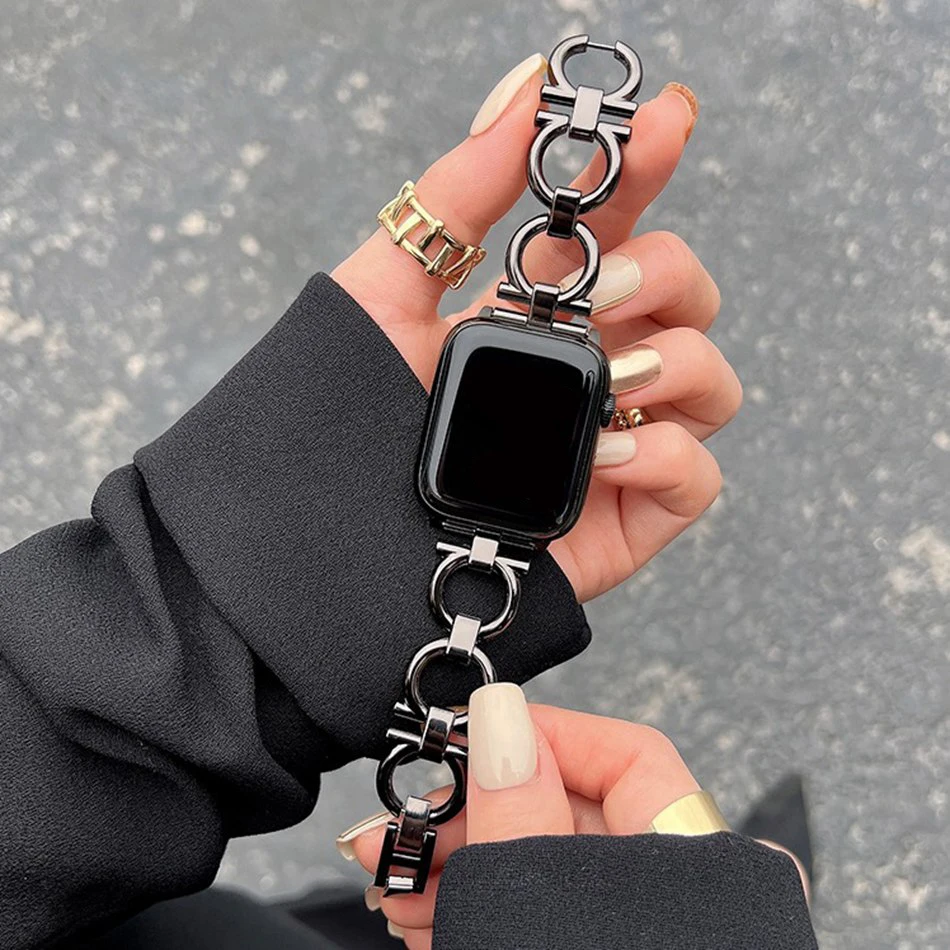 Dior‑Style Metal Chain Strap for Apple Watch (38–49 mm) | Vibelinkss